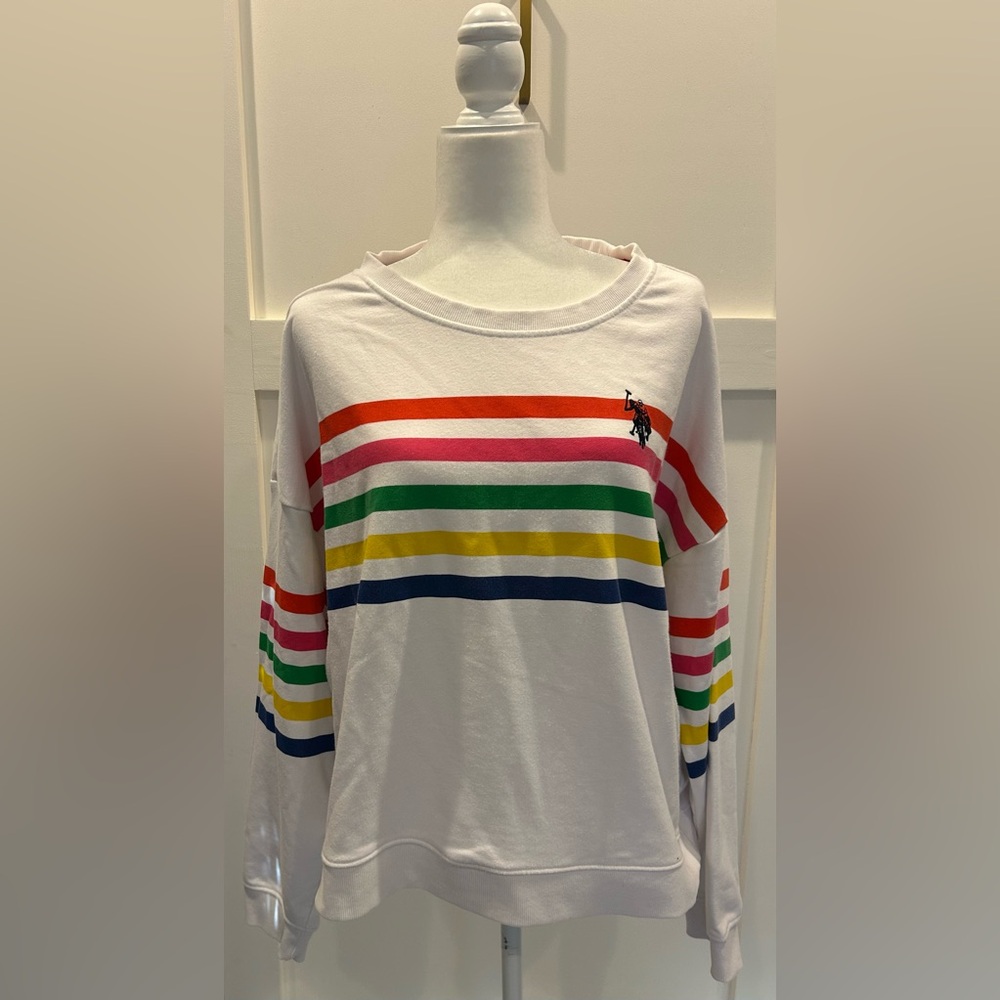 U.S. Polo Assn. White sweatshirt with colorful stripes.